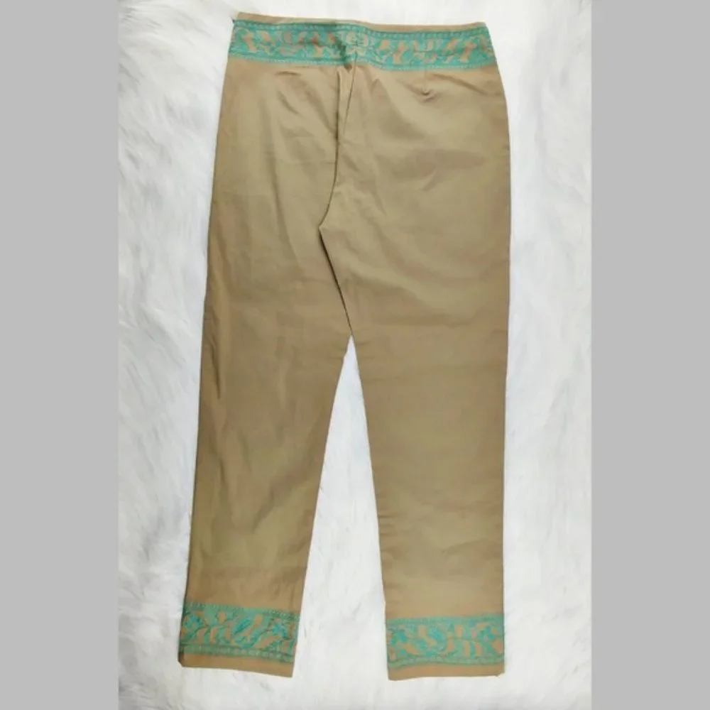 J. CREW Tan Cropped Ankle Pants Mint Green Embroidery - Picture 3 of 4
